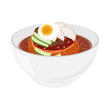 Vector illustration logo Korean cold noodles bibim naengmyeon on a bowl clipart