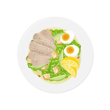 Vektör illüstrasyon logosu Clip Art Top View Taze Yeşil Salata veya Tavuk Sezar Salatası 