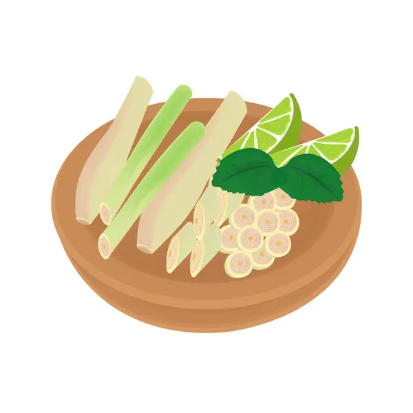 Stock vector Vector illustration logo Clip art Fresh lemongrass on a wooden bowl