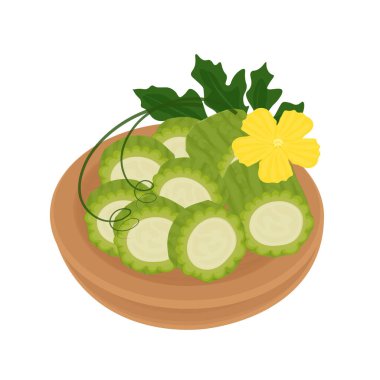 Vector Illustration Logo Klip Sanatı Acı Kabağın Kesimi ya da Ahşap Tabakta Acı Karpuz