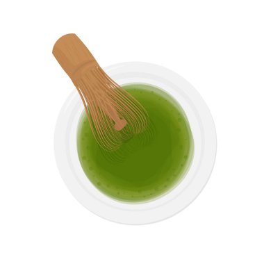 Vector Illustration Logo Clip Art Top View Matcha yeşil çay içeceği bambu çırpıcısıyla karıştırıldı 