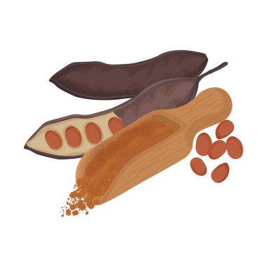 Vector Illustration Logo Clip Art Keçiboynuzu Podları ve Tahta kepçe üzerine keçiboynuz tozu