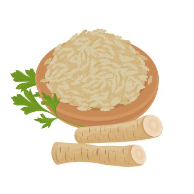 Vector Illustration Logosu Yaban Turpu Kökü ve Izgara Yabanturpu Tahta bir kasede