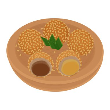 Vector Illustration Logo Clipart Traditiona Food Onde-onde veya Susame topları ahşap bir kasede