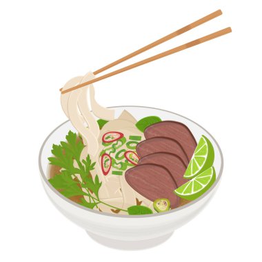 Vector Illustration Logo Clipart Sığır etli veya Pho Noodles Pho bo ile Vietnam pirinçli erişte yemeye hazır