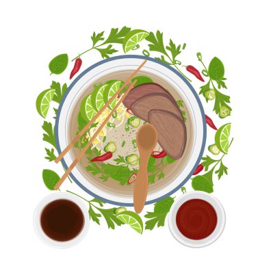 Vector Illustration Logosu Vietnam pilavlı erişte sığır eti Pho Eriştesi ya da soslu Pho bo 