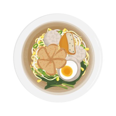 Vektör İllüstrasyon Logosu Üst Görünüm Bakso komplit veya Endonezya köftesi çorbası