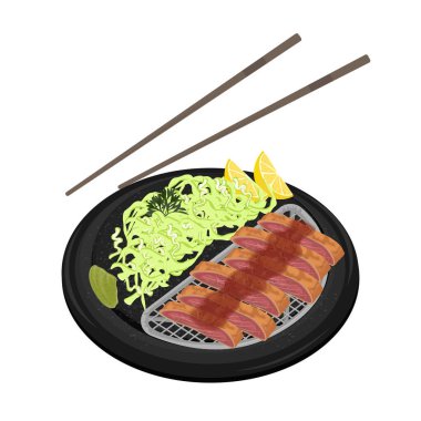 Vektör İllüstrasyon Logosu Clipart Gyu Katsu veya lahana ile Gyukatsu ve rendelenmiş wasabi