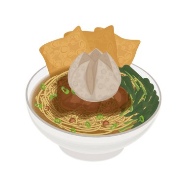 Vector Illustration Logo Clipart Mie ayam bakso ya da Endonezya usulü Köfte Tavuklu noodle