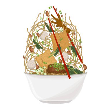 Vector Illustration Logo Clipart Levitation Mie Ayam Bakso ya da Bakso ile Endonezya Tavuğu Eriştesi ya da Beyaz Kasede Köfte