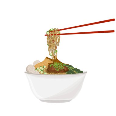 Vektör İllüstrasyon Logosu Clipart Mie ayam bakso ya da Endonezya usulü köfteli tavuk eriştesi yemeye hazır