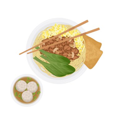 Vector Illustration Logosu Cliew Top View Mie ayam Bangka veya Endonezya Tavuğu çorbası ve Bakso Kuah