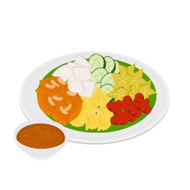 Vector Illustration Logo Clipart Endonezya Yemeği Rujak buah lotis veya Baharatlı Esmer Şeker Sosu 
