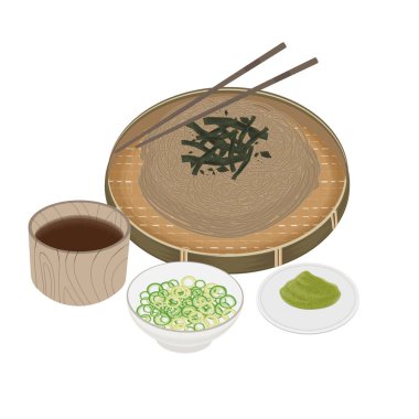 Vector Illustration Logo Clipart taze Japon sobası Bambu Örgü Tabağı zaru soba veya mori soba 