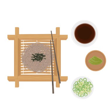 Vector Illustration Logo Clipart Top View Geleneksel Japon karabuğday eriştesi veya mori soba zaru soba soba Makguksu