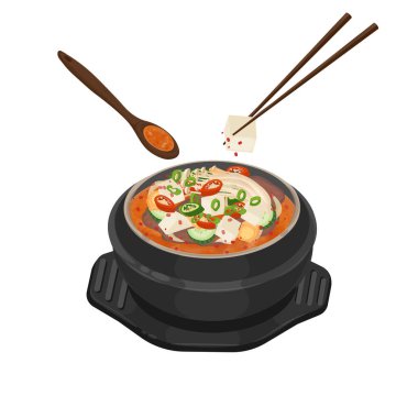 Vector Illustration Logo Clipart Doenjang Jjigae Mayalanmış soya ezmesi güveci bir Ttukbaegi üzerinde
