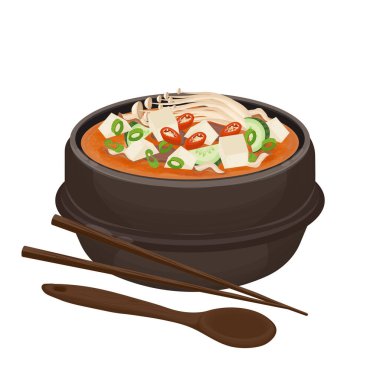 Vektör İllüstrasyon Logosu Enfes Doenjang Jjigae Kore İpek Tofu Çorbası Ttukbaegi üzerine