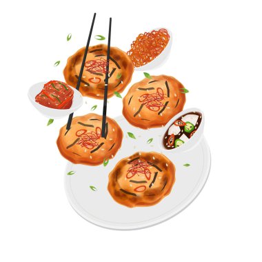 Vector Illustration Logo Clipart Levitation Nokdujeon veya Bindaetteok Kore Mung Bean Pancakes