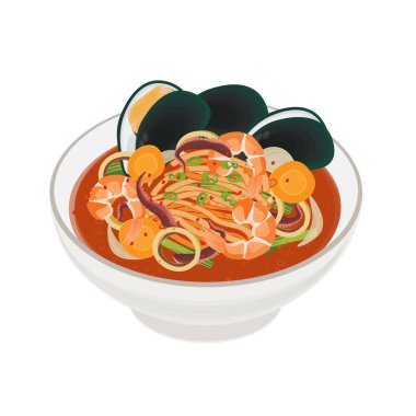 Vector Illustration Logo Clipart Jjampong Baharatlı Deniz Ürünleri Erişte Çorbası Beyaz Kasede