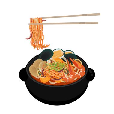 Vektör İllüstrasyon Logosu Jjamppong Kore Deniz Ürünleri Çorbası Yemeye Hazır