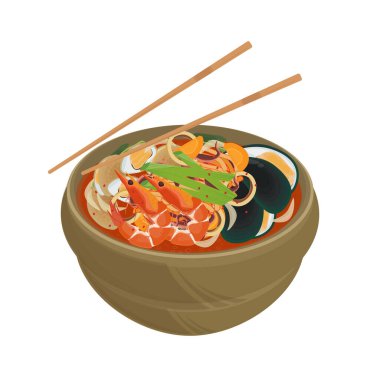 Vektör İllüstrasyon Logosu Lezzetli Baharatlı Kore Sebze Çorbası Jjamppong Eriştesi
