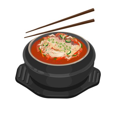 Vektör Illustration Logosu Clipart Kimchi Jjigae veya Kimchi Stew On a Ttukbaegi