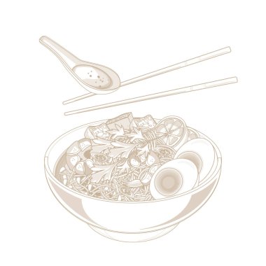 Vektör İllüstrasyon Logo Hattı Sanat Laksa Körili şehriye Asya Yemeği Yemeye Hazır