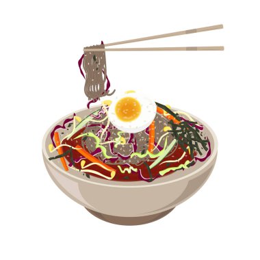 Vektör İllüstrasyon Logosu Makguksu Yemeye Hazır Kore Baharatlı Soğuk Erişte veya Bibim Guksu