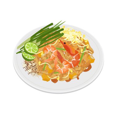 Vector Illustration Logo Clipart Pad Thai Karıştırılmış Pirinç Eriştesi Beyaz Tabakta