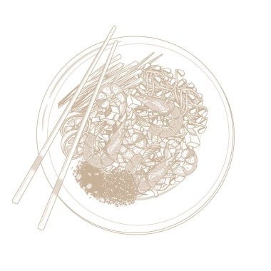 Vektör İllüstrasyon Logosu Basit satır sanat Pad Thai Kızarmış Pirinç Eriştesi