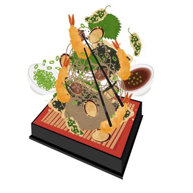 Vector Illustration Logo Climent Levitation Cold tenzaru soba with tempura Shrimp
