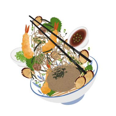 Vector Illustration Logo Clipart Levitation Cold Noodles Tenzaru Soba ve Kakiage ve Tempura Shrimp
