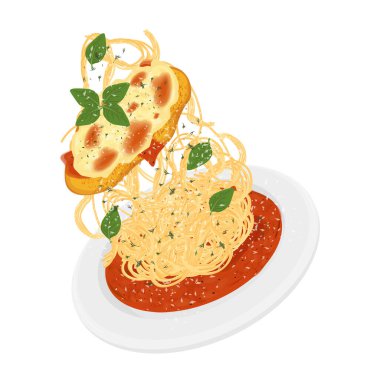 Vector Illustration Logo Clipart Levitation Chicken Parmesan veya Spaghetti 'li Chicken Parmigiana