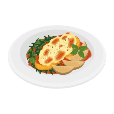 Vector Illustration Logo Clipart Chicken Parmigiana veya kızarmış patates ve sebze salatası ile parmesan tavuk