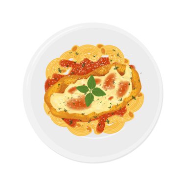 Vector Illustration Logo Clipart Top View Chicken Parmesan veya parmesanlı tavuk makarna