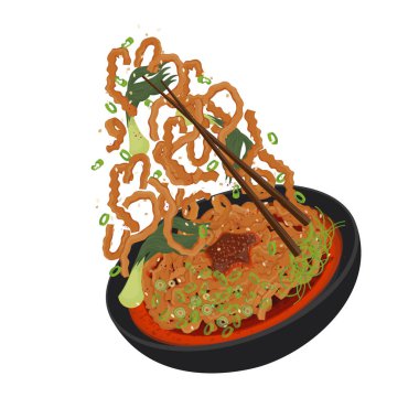 Vektör İllüstrasyon Logosu Yükseltme Baharatlı Szechuan Eriştesi veya Sarımsaklı Biber Yağı Eriştesi