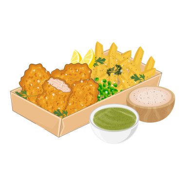 Vector Illustration Logosu Fast Food Fast Fast Fast Fish ve patates kızartması ve Tatar sosu ve mantarlı bezelye.