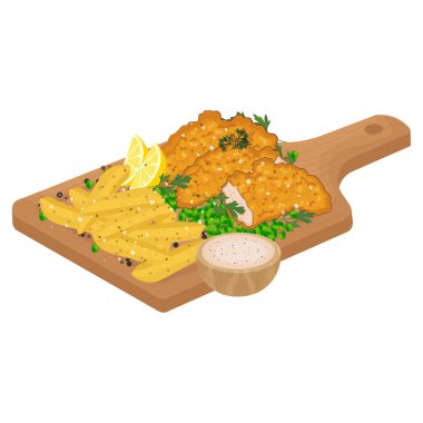 Vector Illustration Logosu Tahta Tabakta Tatar soslu Balık ve Patates kızartması
