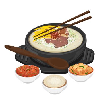 Vektör İllüstrasyon Logosu Kore Gıda Gomtang ya da Pirinç ve Kimchi ile Sığır Kemiği Çorbası