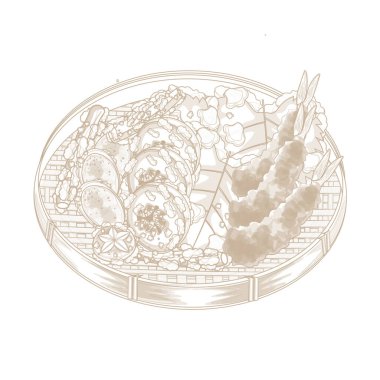 Vektör İllüstrasyon Logo Sanatı Japon Gıda Tempura Karidesi ve Tempura Sebzeleri veya Kakiage