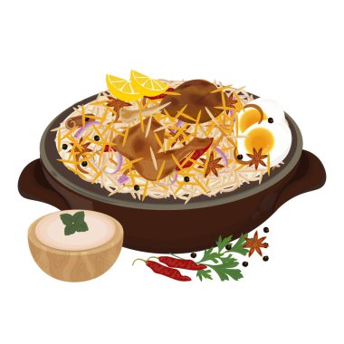 Vektör İllüstrasyon logosu Enfes Hint Yemeği Tavuk Biryani veya Hint Pirinci Biryani