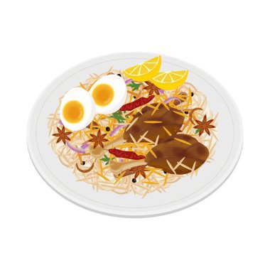 Beyaz tabakta Vector Illustration logosu Clipart Chicken Biryani