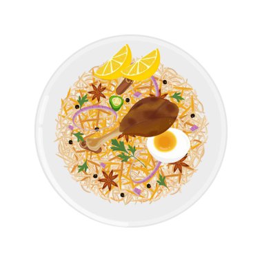 Vector Illustration logosu Clipart Top View Chicken Biryani veya Indian Rice Biryani