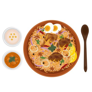 Vector Illustration logosu Clipart Top View Tavuk Biryani yemeye hazır