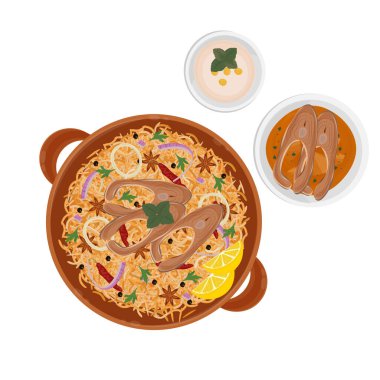 Vector Illustration logosu Clipart Top View Fish Biryani veya Indian Rice Biryani
