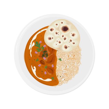 Vektör İllüstrasyon Logosu Hint Tereyağı Tavuğu ya da Pilav Murgh Makhani ile Naan Ekmeği 