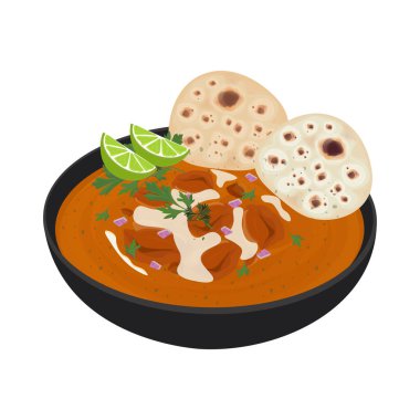 Vector Illustration Logo Clipart Naan Ekmeğe batırılmış Hint Tereyağı Tavuğu veya Tavuk Tikka Masala