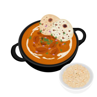 Vektör İllüstrasyon Logosu Hint Tereyağı Tavuğu veya Nan Ekmek ve Pirinç ile Tavuk Makhani