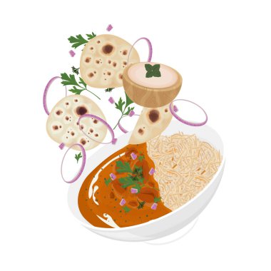Vektör İllüstrasyon Logosu Tırmanış Yerli Tereyağı Tavuğu veya Hint Tavuğu Makhani ile Nan Ekmeği