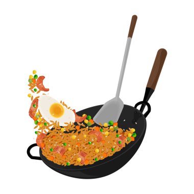 Vektör İllüstrasyon Logosu Kore Yemeği Kimchi Bokkeumbap veya Kore Kimchi Kızarmış Pirinci